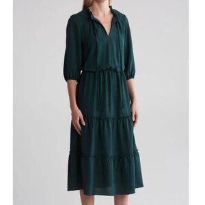 Connected Apparel split tie neck 3/4 sleeve solid tiered silhouette crepe dress